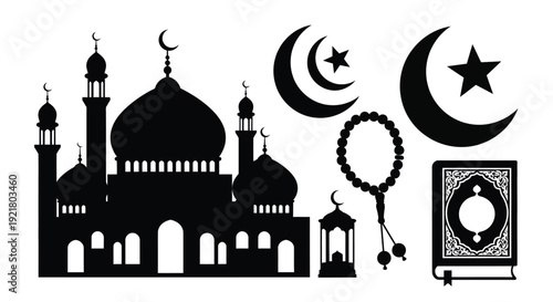 Islamic symbols including a mosque crescent moons prayer beads and a quran