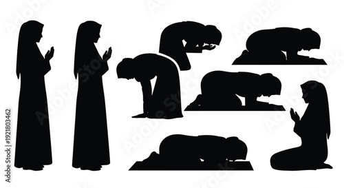 Silhouettes of individuals in various prayerful poses facing the east