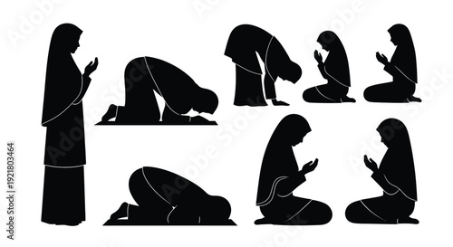 Silhouettes of muslim women in various prayer positions