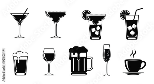 Variety of alcoholic and non alcoholic beverages in black and white