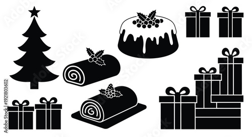 Black and white illustration of christmas desserts and gift boxes