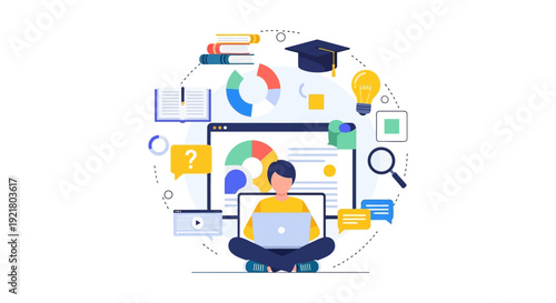 E-Learning, Online Education, and Knowledge Acquisition Vector Illustration. Student researching and studying digital data surrounded by books, data charts, and innovation icons.