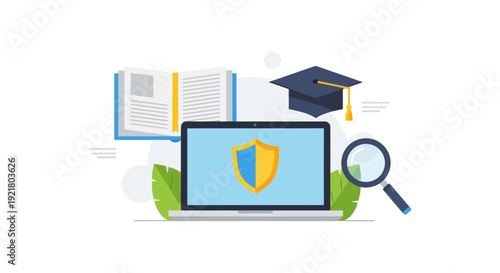 E-Learning Security and Data Protection. Conceptual Illustration of Secure Online Education, Academic Research, and Digital Safety.