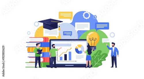 Online Education and Business Innovation. Digital Learning, Professional Development, Knowledge Sharing, and Data Analysis Vector Illustration.