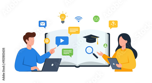 Online Education and E-Learning Concept: Digital Students Accessing Virtual Courses, Knowledge Base, and Academic Consultations through Technology.