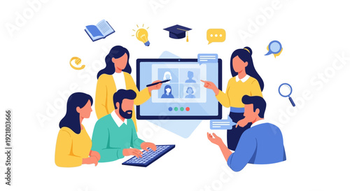 Digital Education and Team Collaboration via Video Conference. Group engaging in remote E-learning, webinar, and online business meeting illustration.