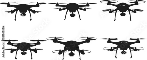 Set of black drone silhouettes showing quadcopters with cameras, different angles, modern UAV designs for aerial photography.