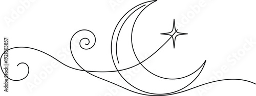 Hand Drawn Crescent Moon with Star and Decorative Swirl Line Art Minimal Celestial Vector Illustration Design