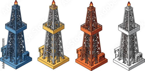 Isometric oil drilling rig illustration set showing offshore petroleum tower structures energy industry equipment colorful industrial vector design