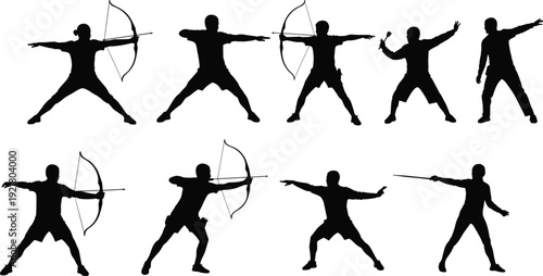Archery sport and weapon training silhouette vector illustration set, with people shooting bows and practicing stances