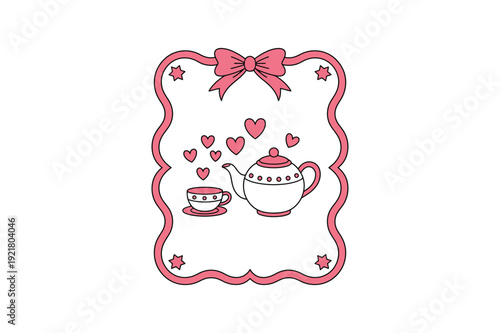 Cute pink teapot and cup with hearts and bow decorative border cartoon illustration tea