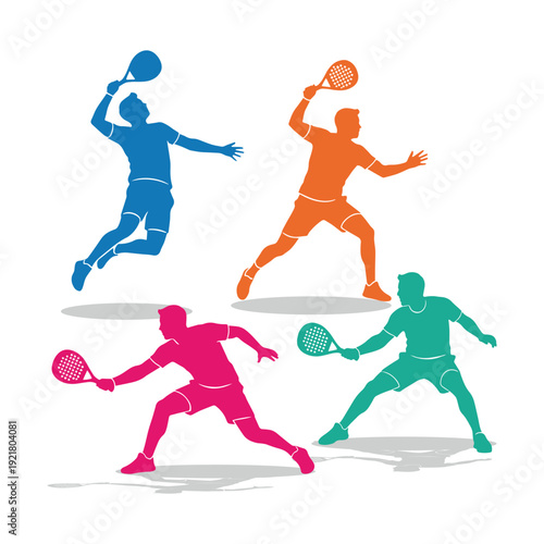 Colorful silhouettes of tennis players in various action poses and shots vector illustration.