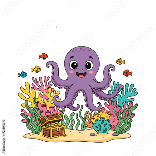 Colorful cartoon octopus underwater with coral reefs and treasure chest vector illustration.