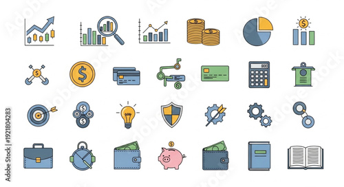 Collection of business and finance icons for digital use.