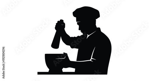 Silhouette of a chef grinding spices with a mortar and pestle