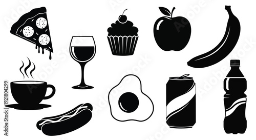 A collection of black and white illustrations depicting various food and drink items