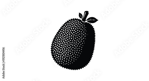 A black and white illustration of a durian fruit with leaves