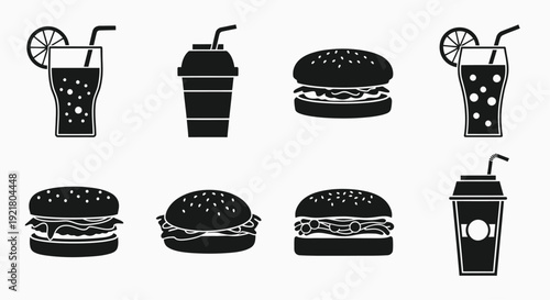 Black and white silhouettes of fast food items including burgers and drinks