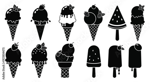 Black and white illustration of various ice cream treats and popsicles