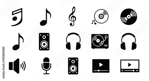 Collection of music and audio icons and symbols.