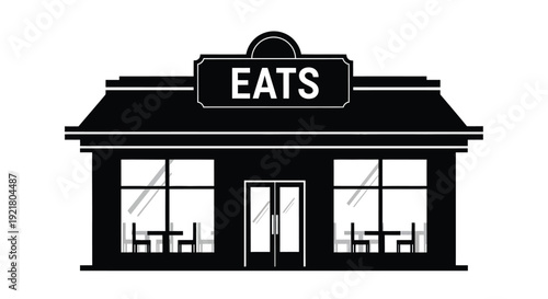 Simple black and white illustration of a diner with an eats sign