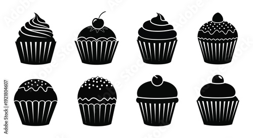 Black and white illustration depicting a variety of decorative cupcakes