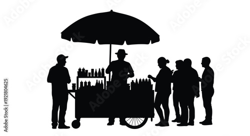 Silhouetted street vendor and customers near a food cart