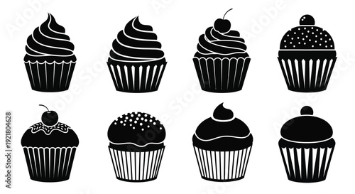 Black and white illustration of various decorated cupcakes arranged in rows