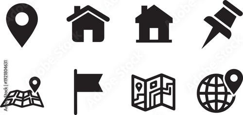 Set of eight minimalist black navigation and location icons featuring a pin, house, pushpin, flag, globe, and folded maps for travel, real estate, and wayfinding user interface design.