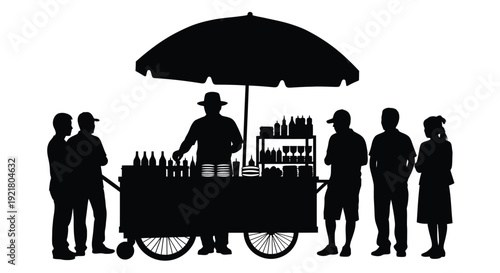 Black silhouette of a street vendor and customers at a stall