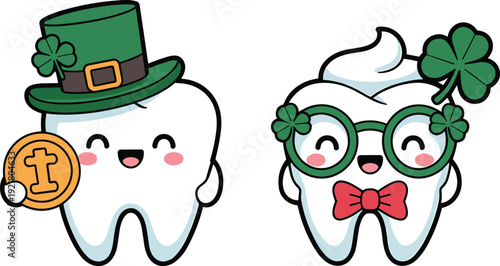 St Patrick Day cute tooth characters, leprechaun hat shamrock glasses, Irish dental cartoon vector illustration design