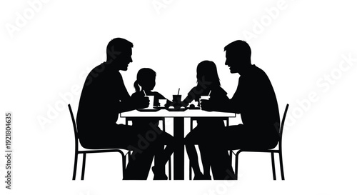 A silhouette of a family of four seated around a dining table