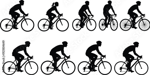 Bicycle riders silhouettes. Set of male and female cyclists on bicycles, side view vector illustration
