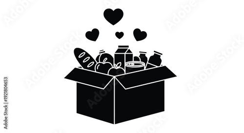 A black silhouette of a cardboard box filled with food and hearts