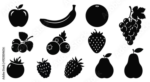 Black silhouettes of various fruits including apples bananas and berries
