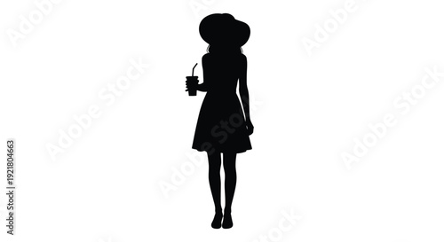 Silhouette of a woman in a dress holding a drink with a hat