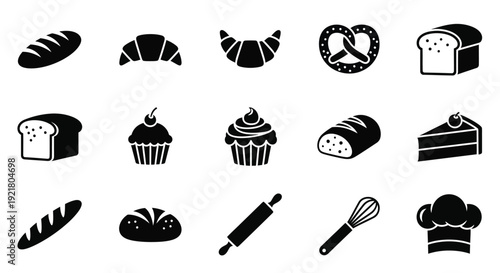 Black and white vector icons depicting various baked goods and pastry tools