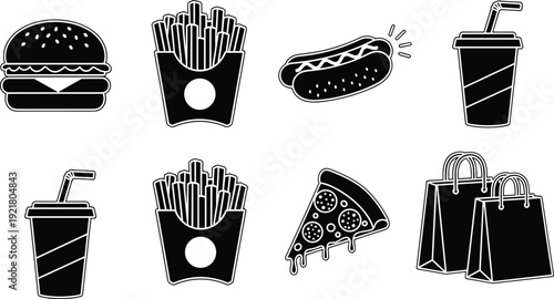 Black and white fast food with burger hot dog fries pizza and drinks