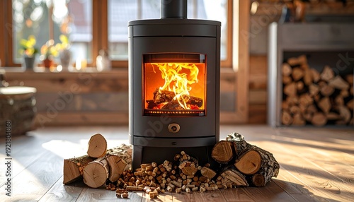 Wood stove burning warmly in rustic room with wood floor and logs