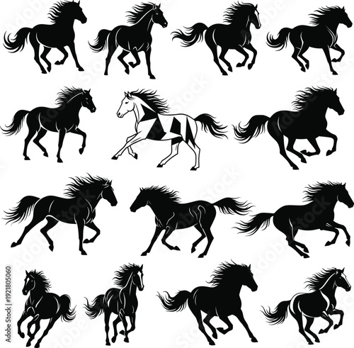 Set of black silhouette horses running, galloping, and trotting, including one geometric patterned horse, wild horse collection in motion.
