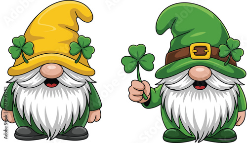 St Patrick Day gnome characters, cute leprechaun hats shamrocks, Irish holiday cartoon vector illustration set