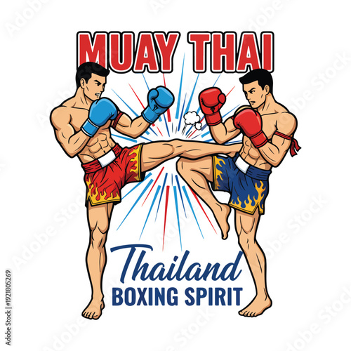 Muay Thai Thailand Boxing Spirit T-shirt design. Muay Thai boxers fighting in the ring with martial arts vector illustration