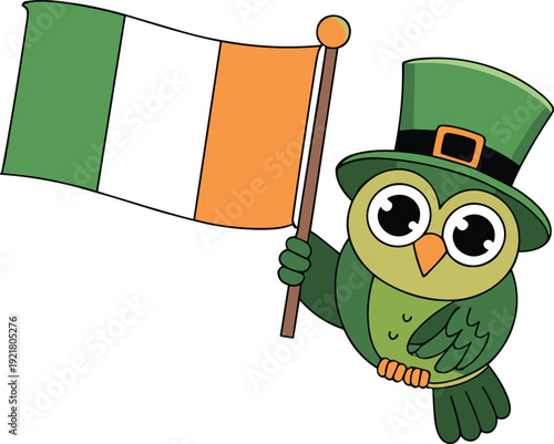 St Patrick Day cute owl illustration, Irish flag leprechaun hat cartoon bird, festive holiday vector character design