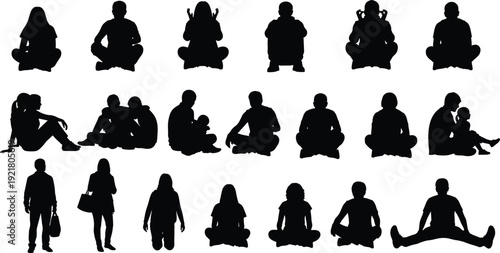 People sitting and standing silhouette vector collection showing meditation, relaxation, family and daily life poses, human figures isolated on white