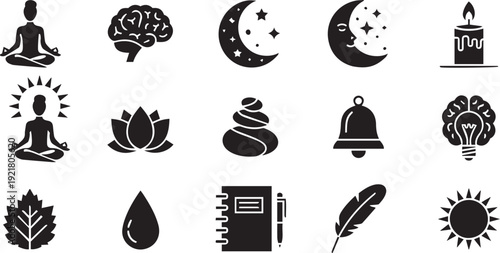 Set of fifteen minimalist mindfulness and meditation icons featuring yoga poses, lotus flower, zen stones, brain, candle, and moon for wellness, mental health, and spiritual UI design.