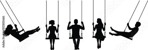 People swinging silhouettes illustration showing children and adults enjoying playground swings isolated on white background flat vector style for leisure lifestyle concepts