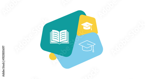 Higher Education Learning Concept. Vector Infographic Element with Book and Graduation Cap Icons on Modern Abstract Background.
