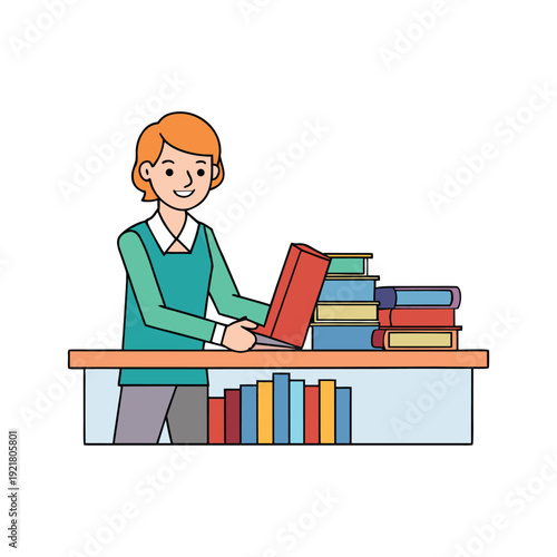 Female librarian organizing books on wooden desk for labor day theme