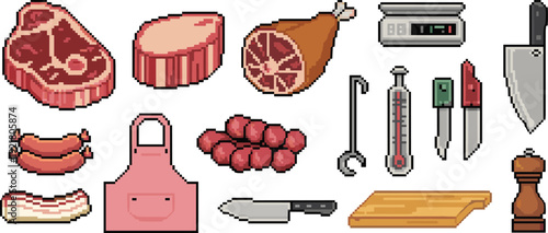 Pixel art butcher shop items illustration set featuring raw meat cuts sausages knives tools and kitchen accessories isolated on white background retro game style