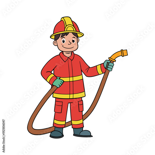 Firefighter in red uniform and helmet with hose for Labor Day hero